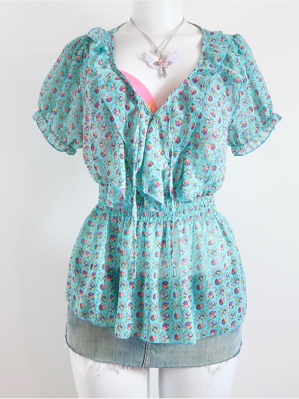 Floral Ruffle Tie-Neck Blouse in Aqua